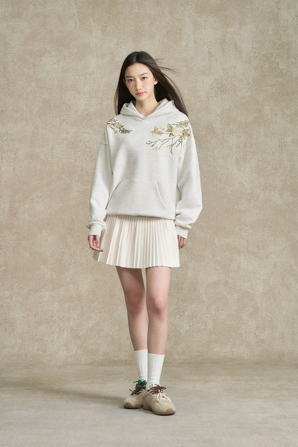 BONELESS Floral Embroidered Fleece-Lined Hoodie