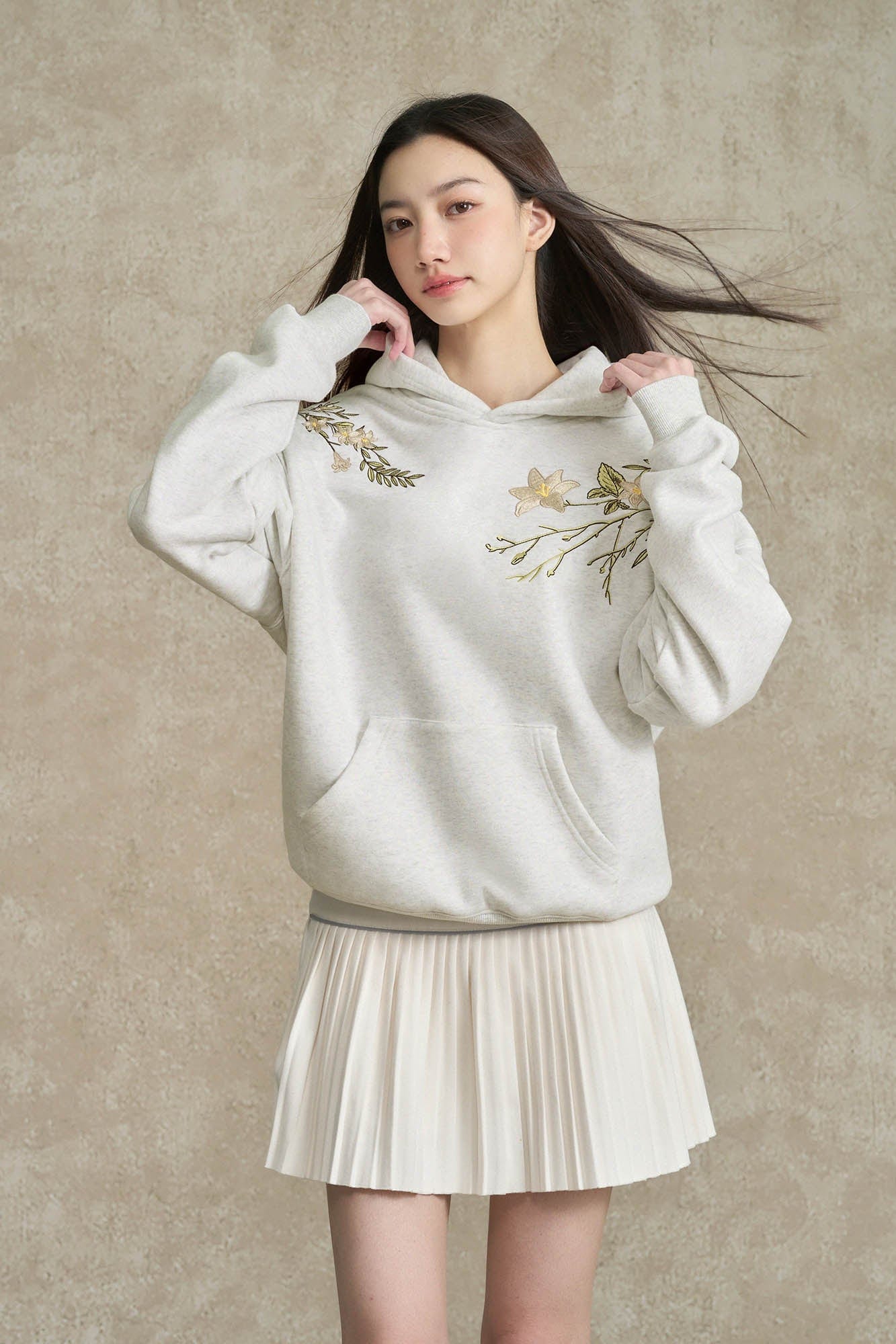 BONELESS Floral Embroidered Fleece-Lined Hoodie
