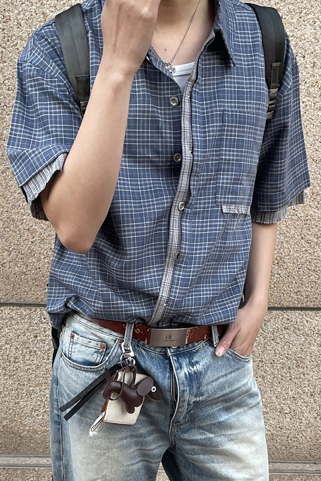 ESAIAS Plaid Layered Raw-Edge Half Shirt Blue