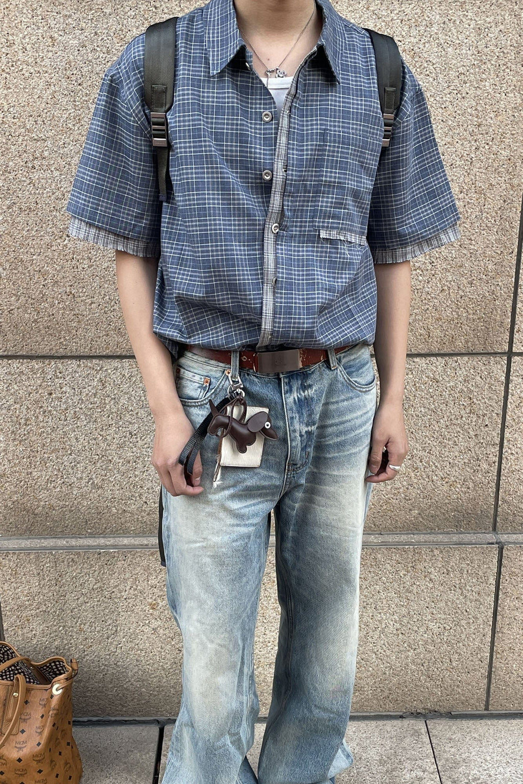 ESAIAS Plaid Layered Raw-Edge Half Shirt Blue