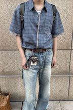 ESAIAS Plaid Layered Raw-Edge Half Shirt Blue