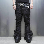 SSIN7 Double Waist Waxed Zip Flared Jeans