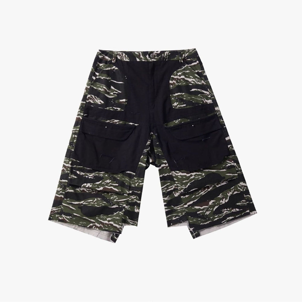 ERROR CODE ROBOT Washed Paneled Frayed-Hem Camo Cargo Shorts