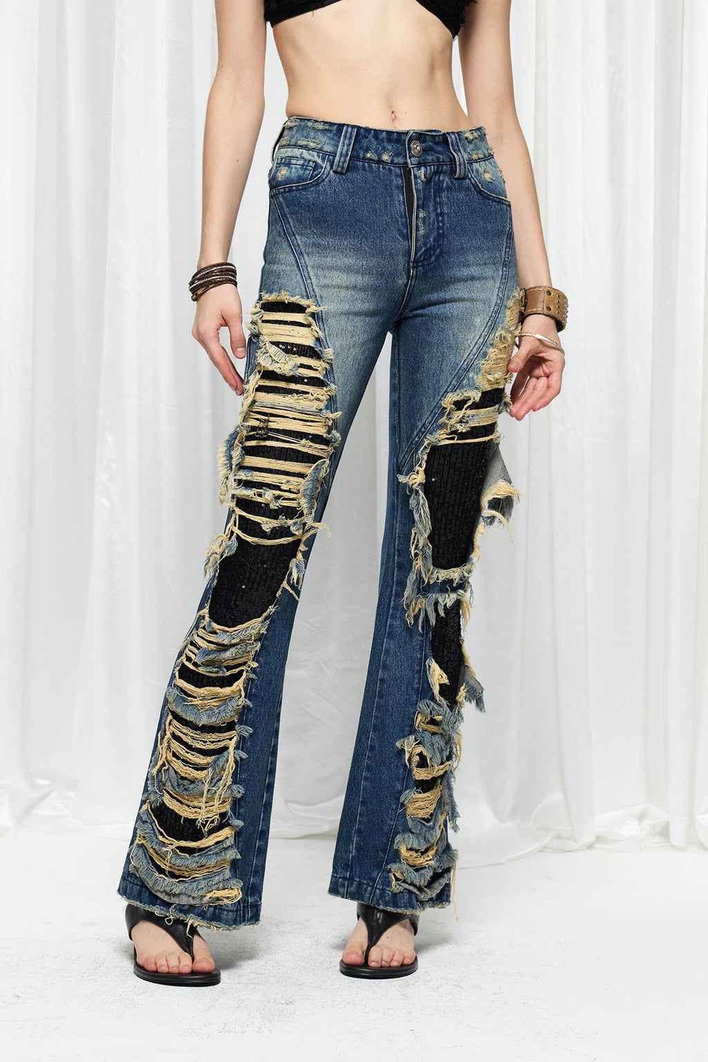 DND4DES×Faychui Grunge Heavy-Distressed Layered Flared Jeans