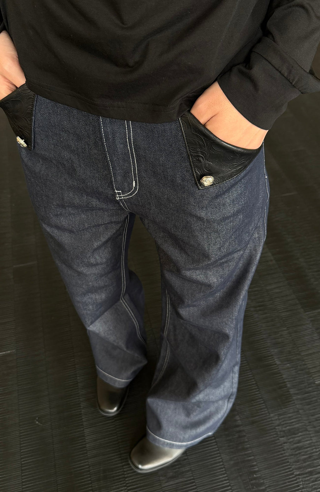 KREATE Raw PU-Paneled Flare Denim