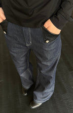 KREATE Raw PU-Paneled Flare Denim