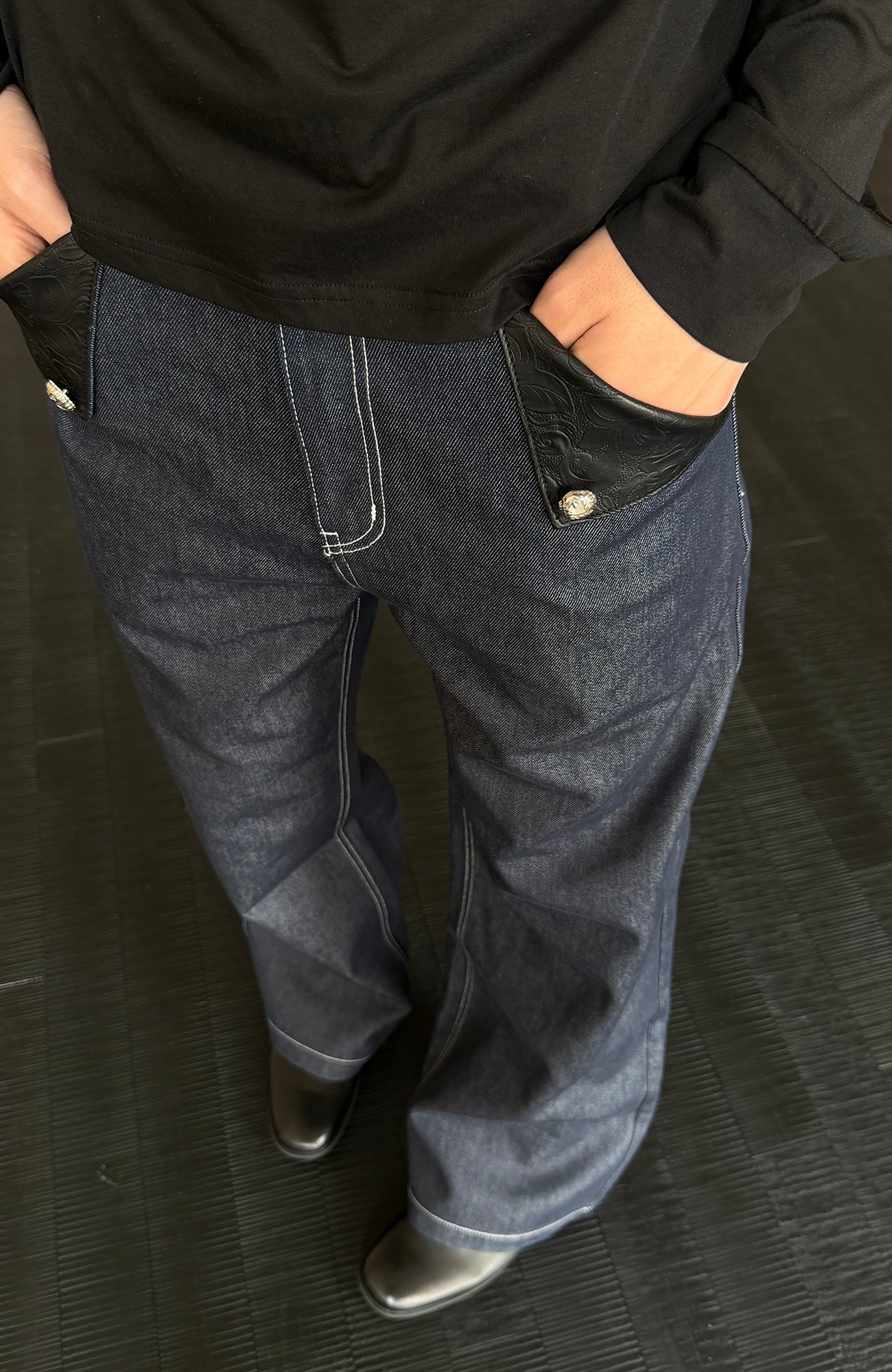 KREATE Raw PU-Paneled Flare Denim