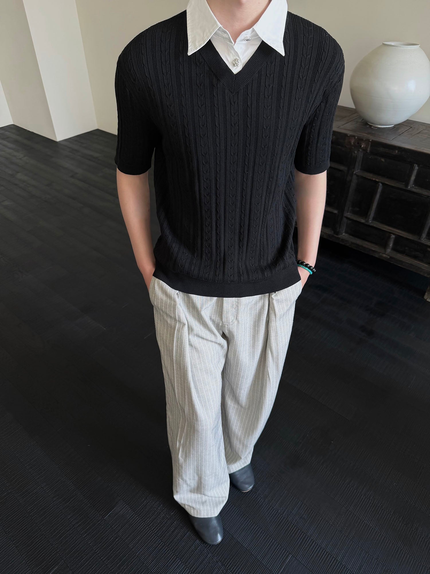 KREATE Faux Layered Cable-Knit Half Shirt