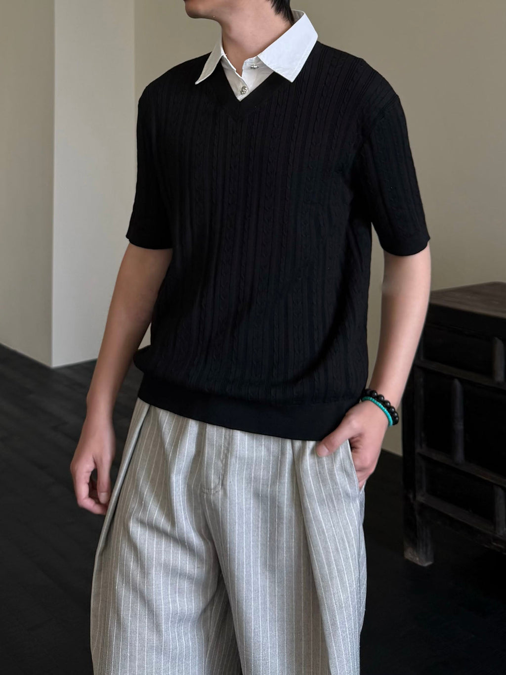 KREATE Faux Layered Cable-Knit Half Shirt