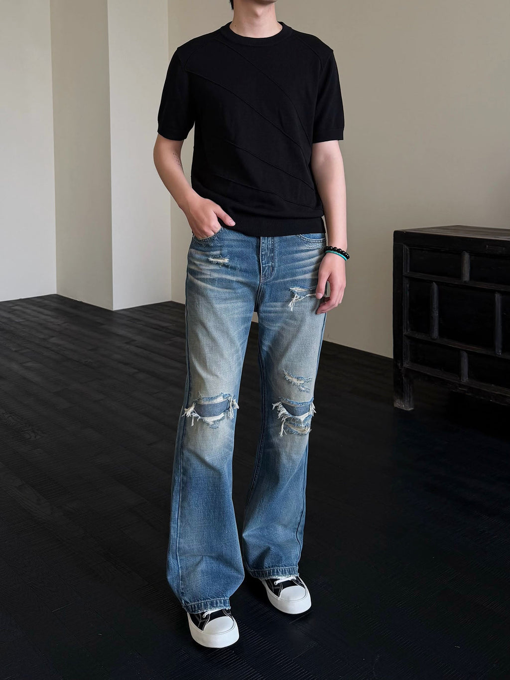 KREATE Double-Layer Distressed Straight-Leg Jeans