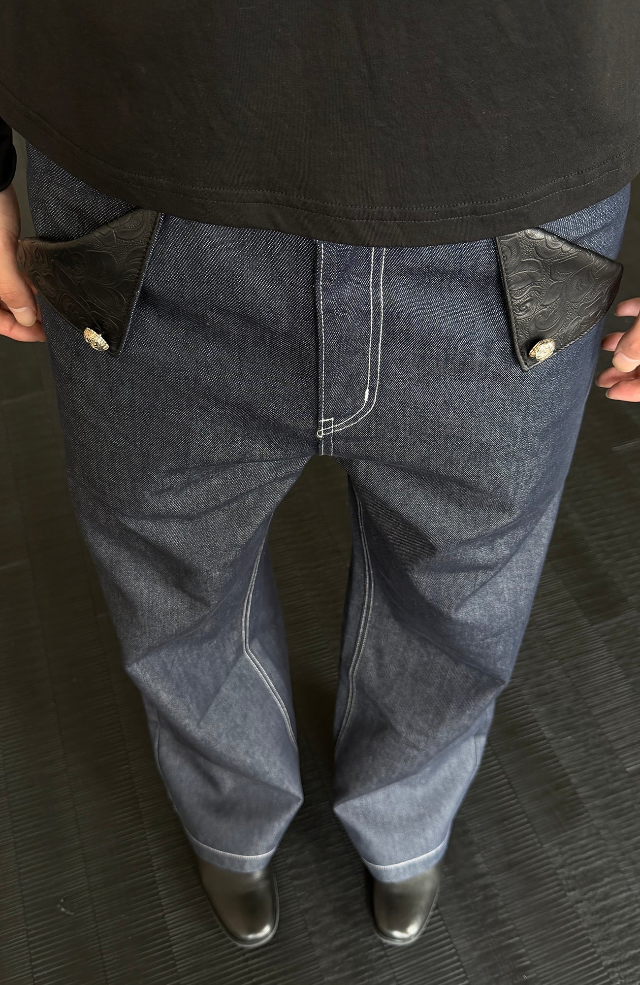 KREATE Raw PU-Paneled Flare Denim