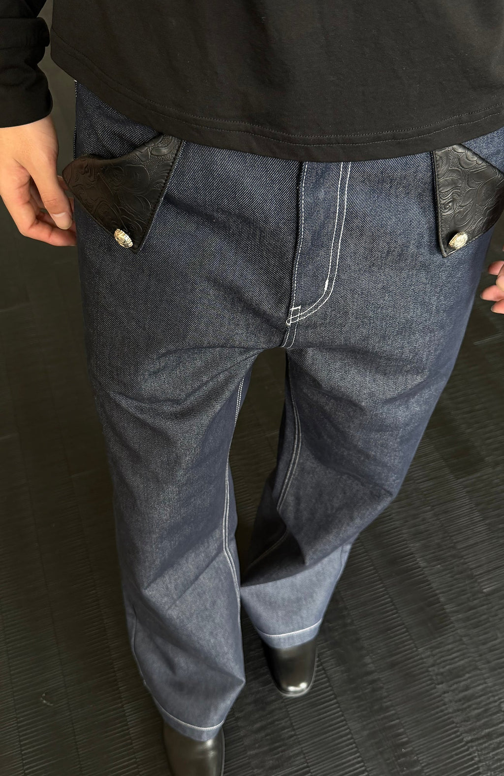 KREATE Raw PU-Paneled Flare Denim