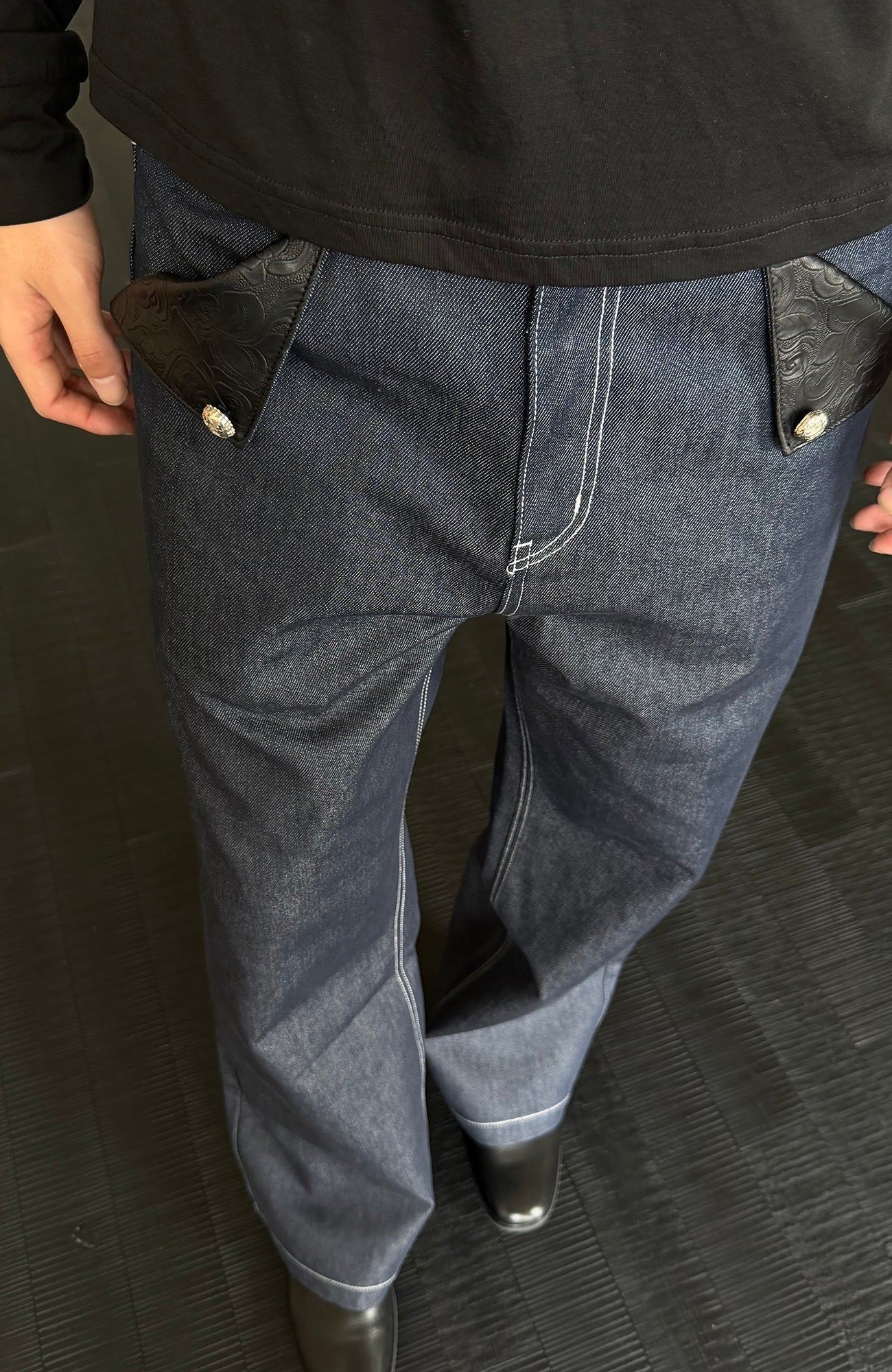 KREATE Raw PU-Paneled Flare Denim