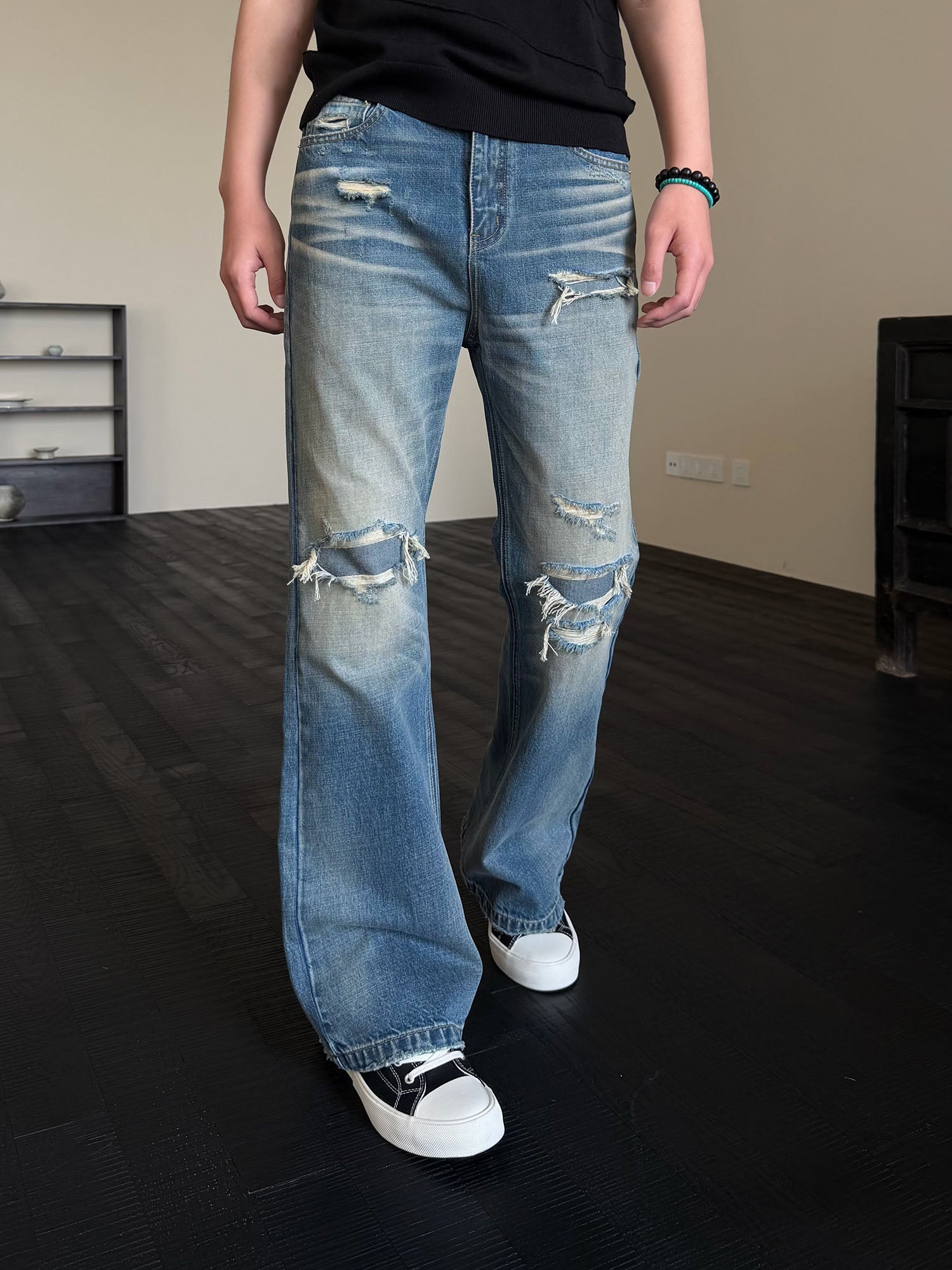 KREATE Double-Layer Distressed Straight-Leg Jeans