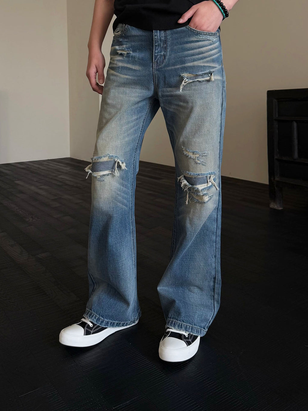 KREATE Double-Layer Distressed Straight-Leg Jeans