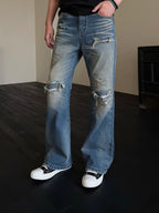 KREATE Double-Layer Distressed Straight-Leg Jeans