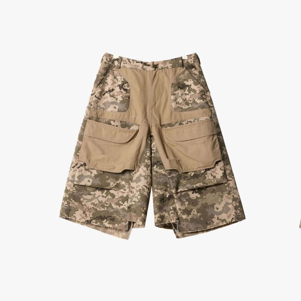 ERROR CODE ROBOT Washed Paneled Frayed-Hem Camo Cargo Shorts