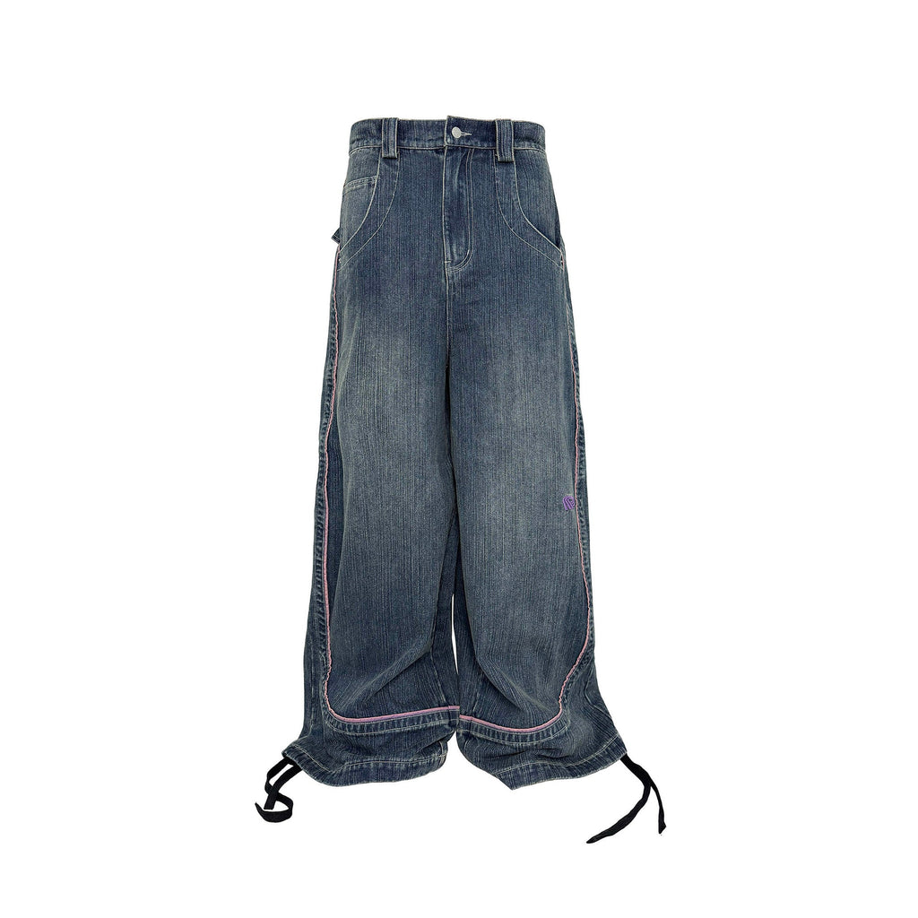 PCCVISION Contrast Stitch Embroidered Washed Jeans