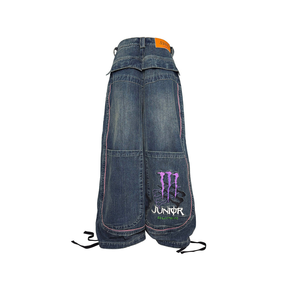 PCCVISION Contrast Stitch Embroidered Washed Jeans
