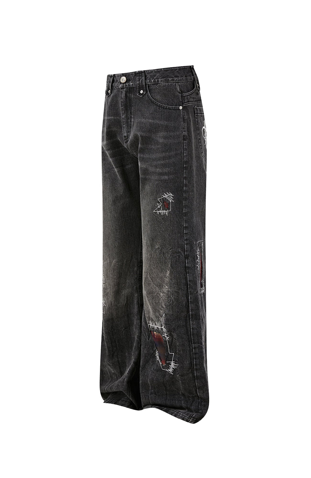 PASET Plaid Patch Distressed Back Buckle Jeans