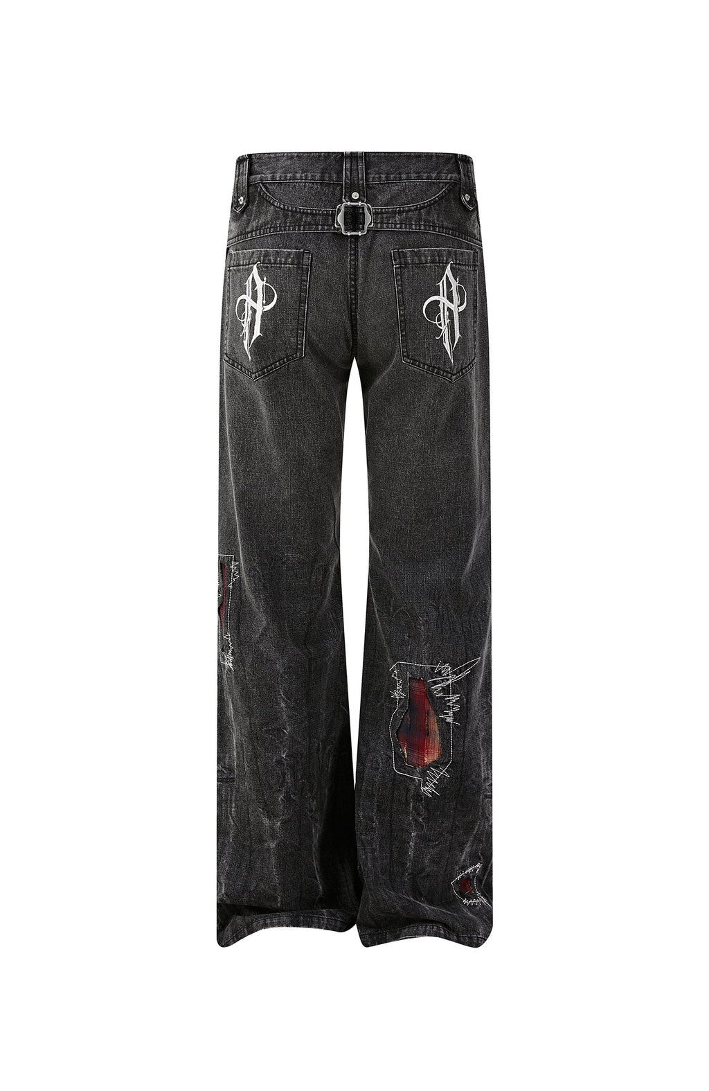 PASET Plaid Patch Distressed Back Buckle Jeans
