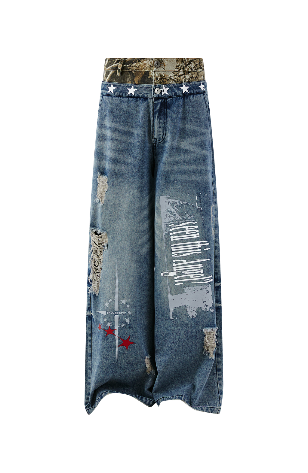 PASET Double Waist Camo Panel Distressed Jeans