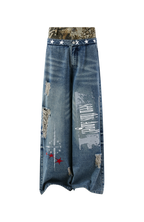 PASET Double Waist Camo Panel Distressed Jeans