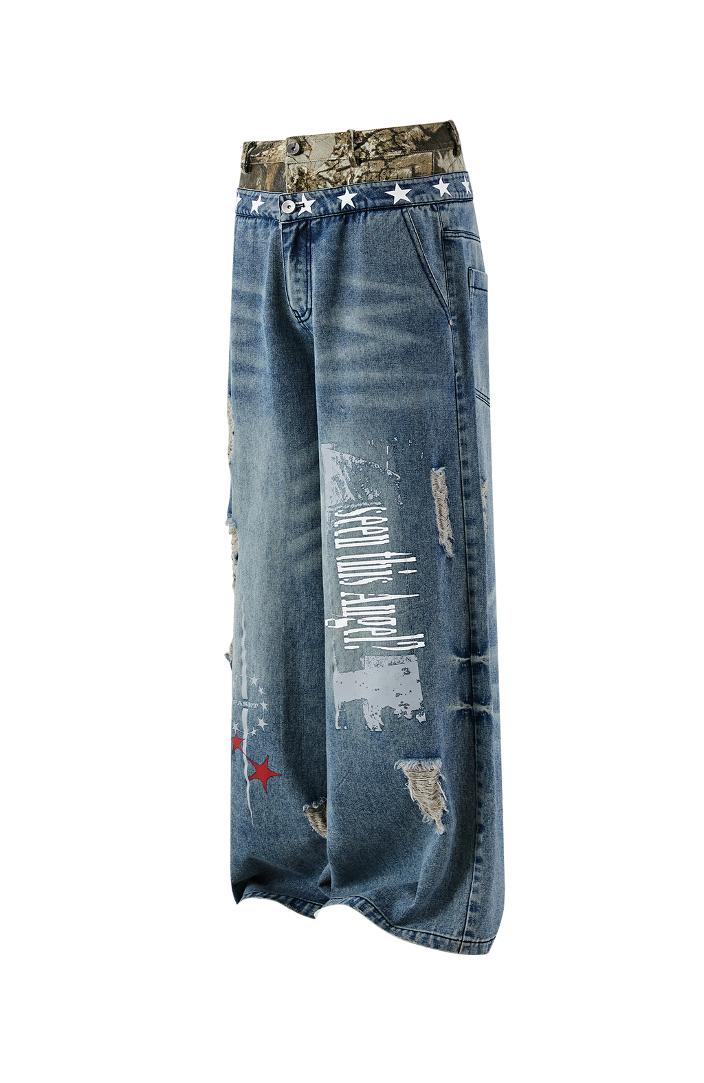 PASET Double Waist Camo Panel Distressed Jeans