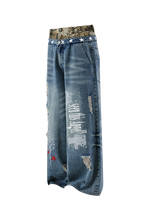 PASET Double Waist Camo Panel Distressed Jeans
