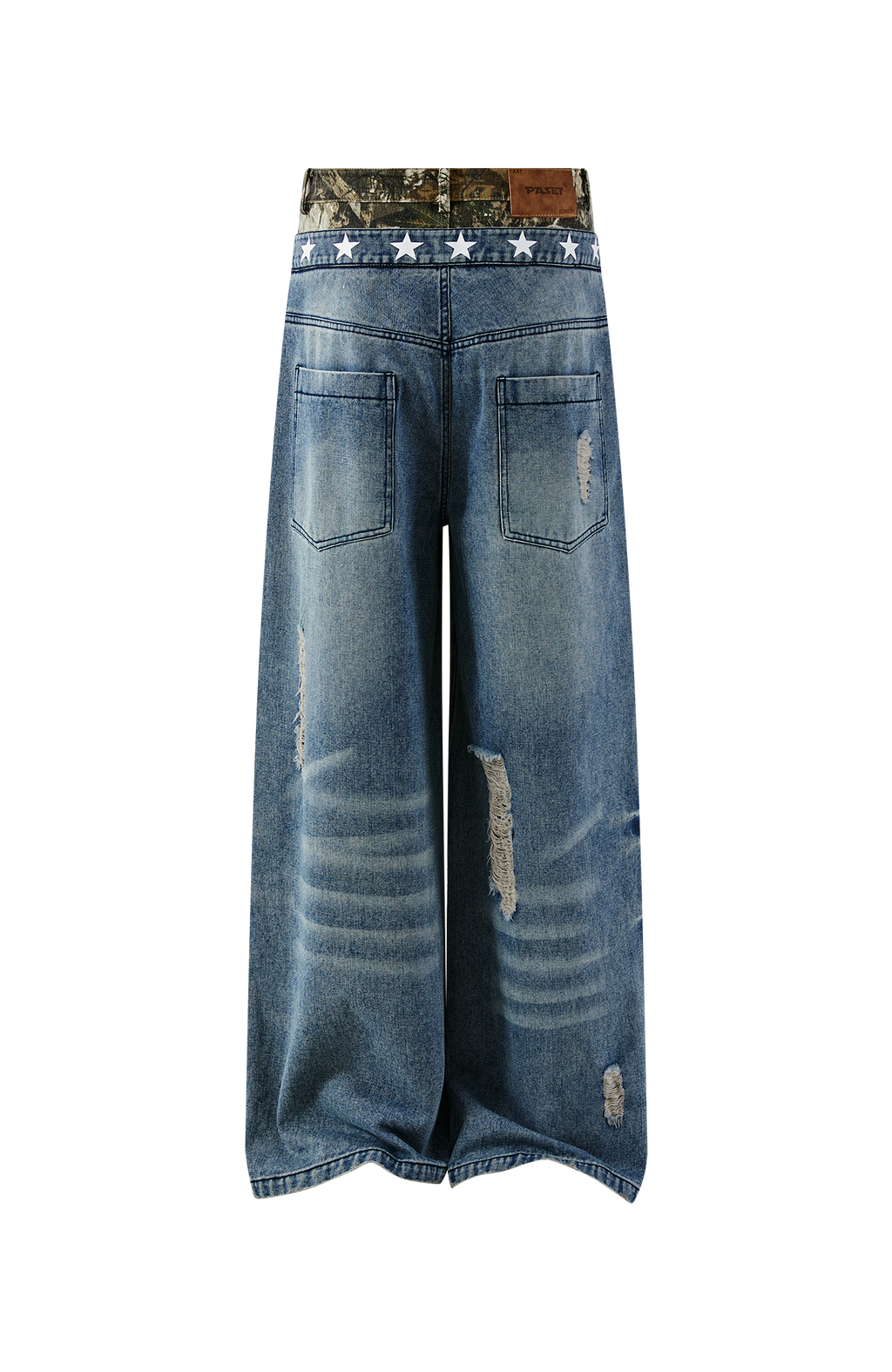 PASET Double Waist Camo Panel Distressed Jeans