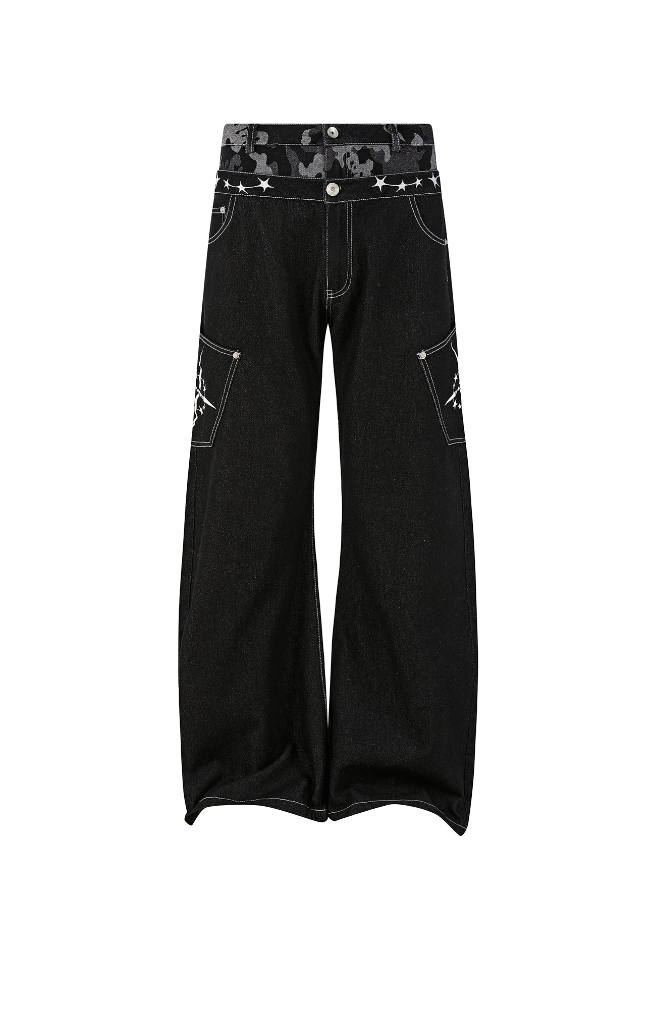 PASET Camo Double Waist Embroidered Jeans
